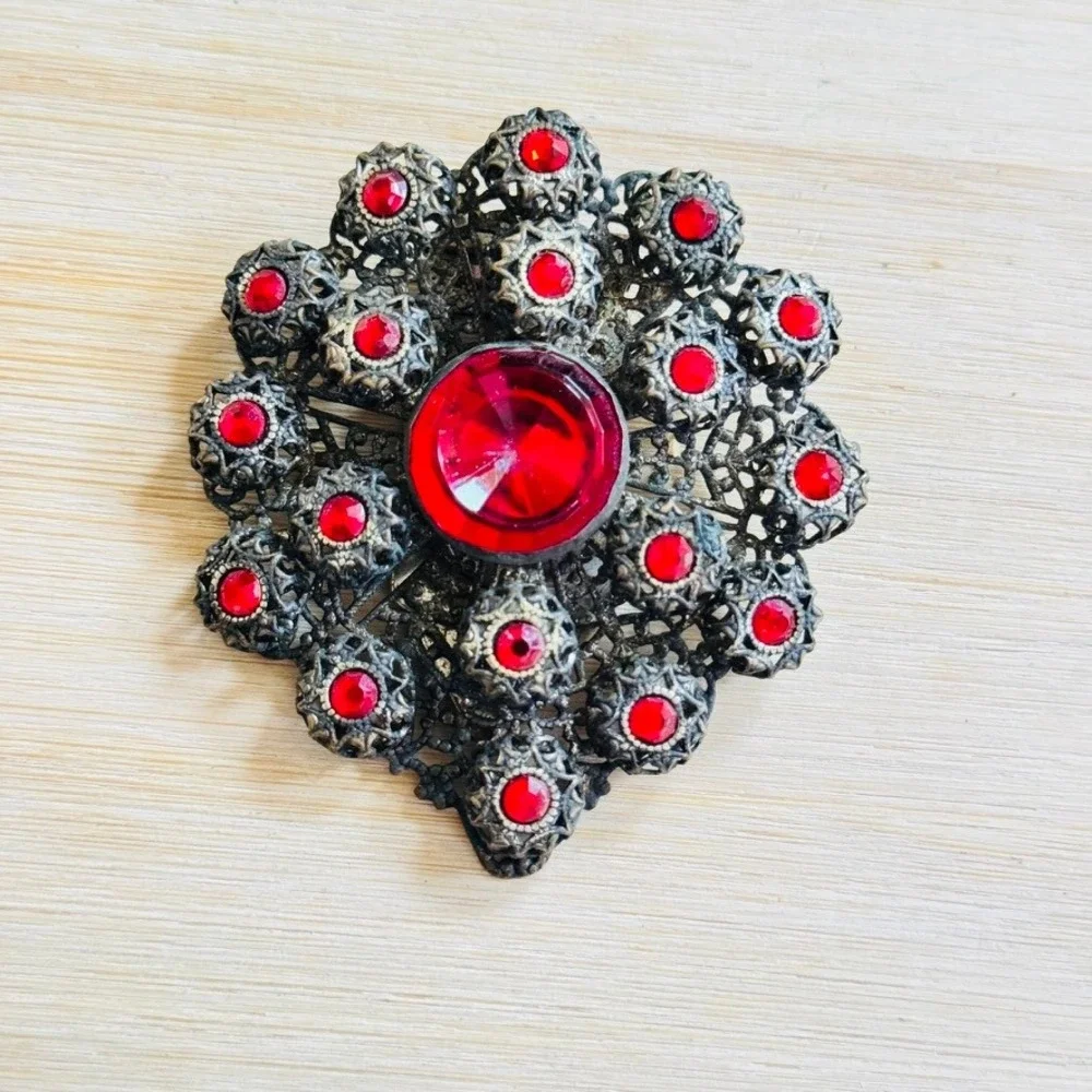 Fur Dress Clip Pin Red Rhinestone Art Deco Antique Filigree Goth Filigree VTG